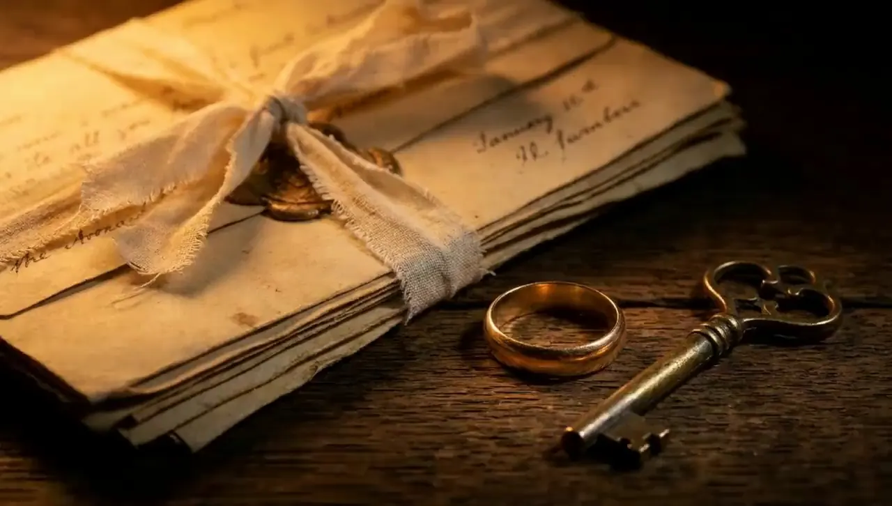 Old letters tied with ribbon beside a gold ring and an antique key